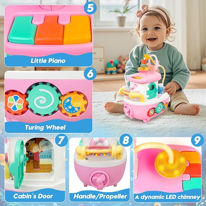 Love&Mini Toys for 1+ Year Old Girls - 9-in-1 Baby Boat Musical Toys Music and Sound, First Christmas 1st Birthday Gifts for 1+ Year Old Girls Gifts