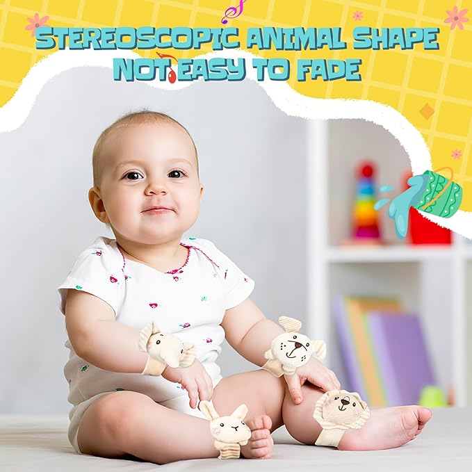 4 Pieces Baby Wrist Rattles Animal Pattern Newborn Rattle Foot Rattles Toy for Babies Boy Girl Infant Birthday Gifts Educational Toys, 4 Designs (Rabbit Dog Lion Elephant)