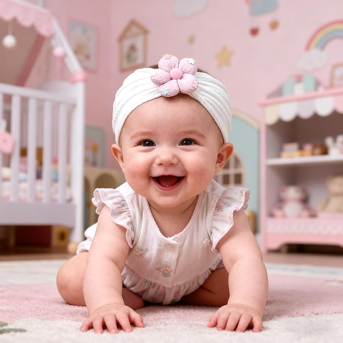 MIUXUESO 3 Piece Baby Girls Flower Headband, Florals Nylon Headband Soft Comfortable Elasticity Hairbands Baby Shower Newborn Essentials for Infant Toddlers (Yellow Pink White)