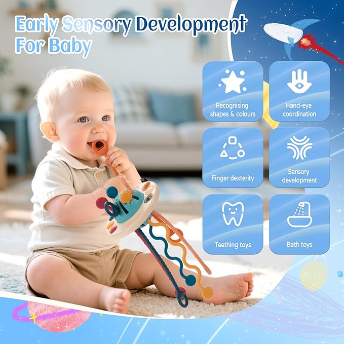 Baby Toys for 1 Year Old, Montessori Toys Hanging in Stroller, Sensory Toy for Todders 12-18 Months+, UFO Pulling Educational Game for Developing Motor Skills Gift for Boys& Girls