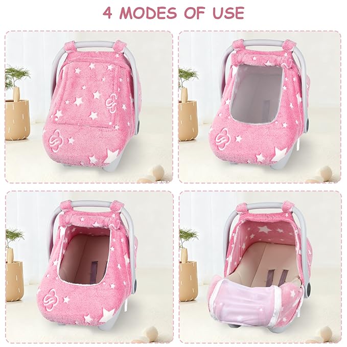 Car Seat Cover Baby Girls Boys, Soft Flannel Infant Carseat Cover with 2 Zipper Windows, Star Carrier Cover Canopy Glow in The Dark, Comfortable & Machine Washable, Hot Pink