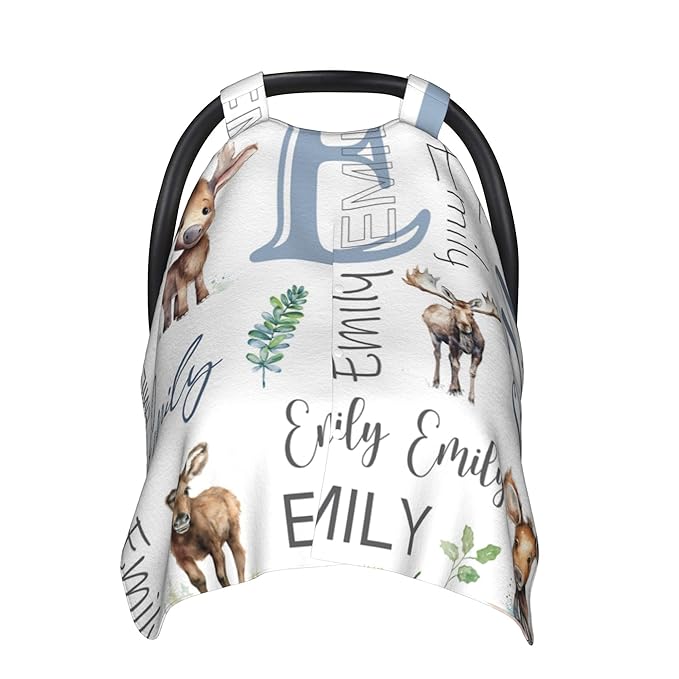 Personalized Baby Car Seat Cover Custom Name CarSeat Canopy Customized Moose Newborn Nursing Breastfeeding Cover Minky Baby Blanket Infant Car Seat Canopies for Baby Girls Boys