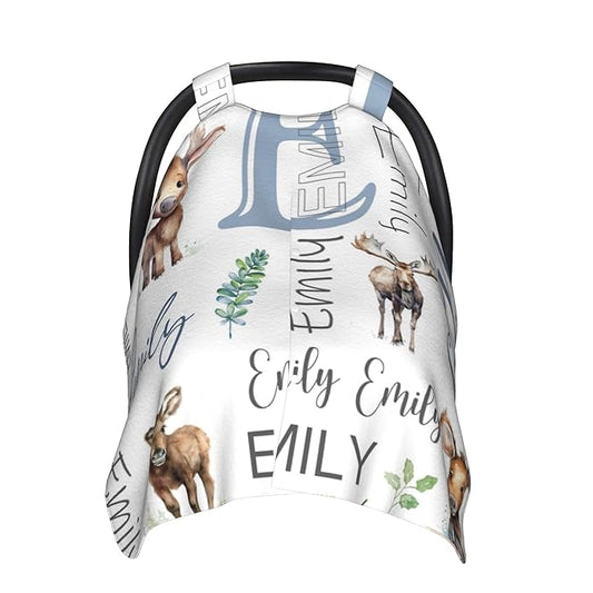 Personalized Baby Car Seat Cover Custom Name CarSeat Canopy Customized Moose Newborn Nursing Breastfeeding Cover Minky Baby Blanket Infant Car Seat Canopies for Baby Girls Boys