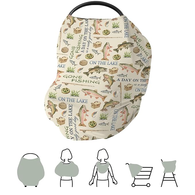 Gone Fishing Car Seat Cover for Babies Vintage Lake Fishing Lovers Gift Stretchy 5-in-1 Covers Adjustable Car Canopy Cover Vacation Outdoors Adventure Breathable Nursing Cover-Up