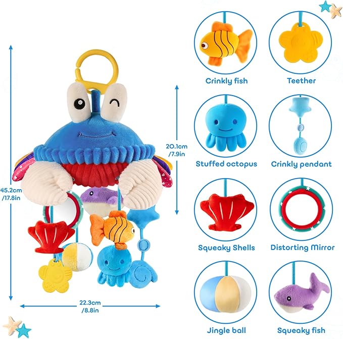 Car Seat Toys for Babies 0-6 Months, Hanging Sensory Crab Plush Toy for Stroller, Crib & Play Gym, Clip-On Montessori Infant Activity Toy with Mirror, Rattle & Teether, Newborn Baby Gifts 0-12 Months