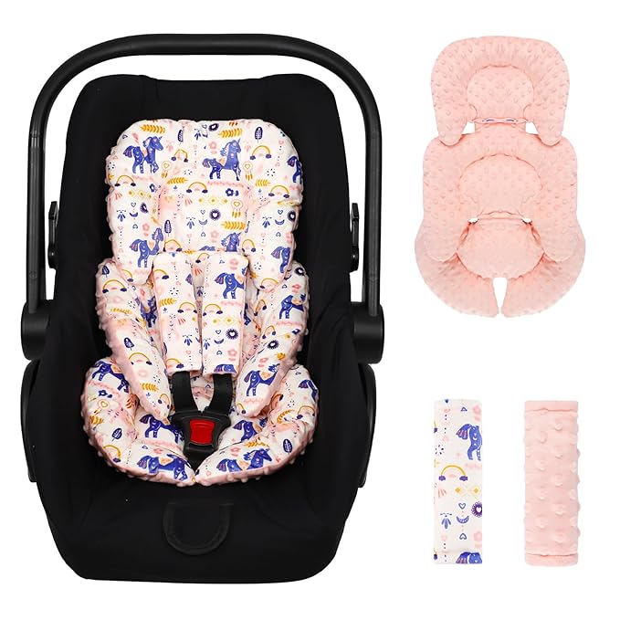 Infant Car Seat Insert Girls Boys, Soft Car Seat Head Support Baby & 2 Strap Pads, Preemie Newborn Carseat Insert Reversible Fits For Stroller, Baby Swing, Rocker, Bassinets, Bouncer, Unicorn