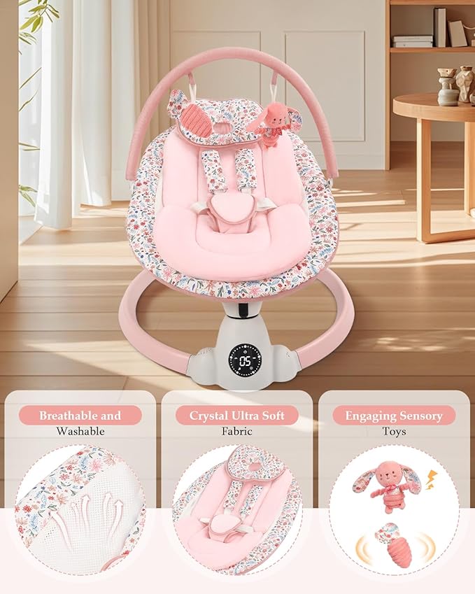 Baby Swing for Infants, Electric Baby Swing with Bluetooth, Portable Infant Swing with 5 Speeds, 10 Lullabies, 5-Point Harness & Remote Control, for Newborns Infants Indoor Outdoor Use (Pink)