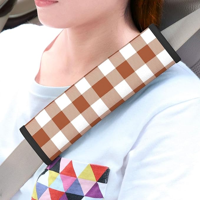 Buffalo Plaid Brown White Seat Belt Cover Fits Cars Trucks SUV Sedans Air Permeability Car Seatbelt Strap Cover, Auto Interior Accessories Protector