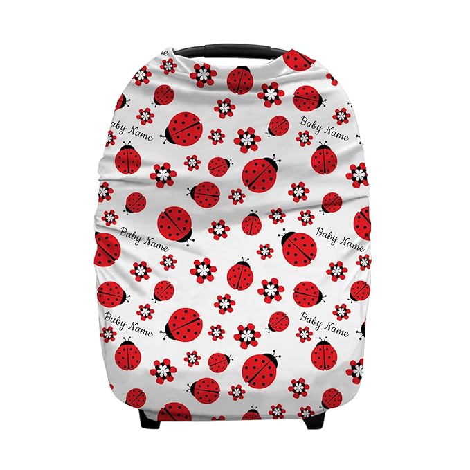 Personalized Ladybug Baby Car Seat Covers with Name, Custom Lady Bug Nursing Cover Breastfeeding for Babies, Carseat Canopy for Girls, Infant Stroller Cover, Breathable Carseats Cover