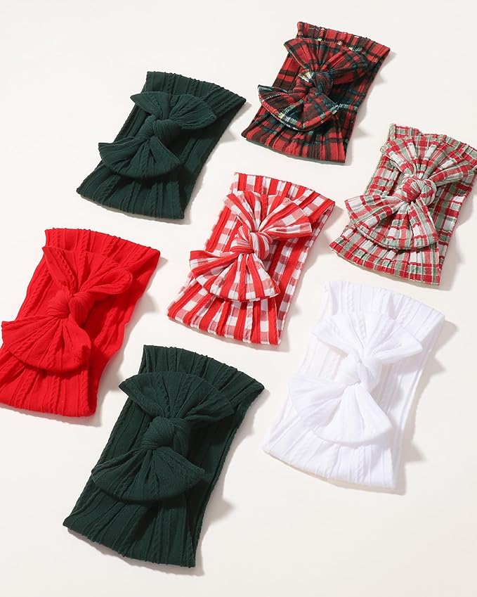 jollybows 3 PCS Baby Girls Headbands Soft Stretchy Nylon Hair Bows Handmade Bows for Baby Girls Infants Newborn Toddlers Kids - White, Dark Green, Christmas Red Grid