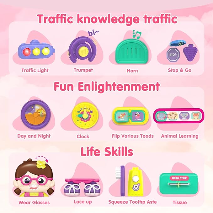 Toddler Toys for 1-2 Year Old Girl ,Montessori Bilingual Musical Busy Car Board,Baby Stuffed Animals Toys for Toddlers 1-3,Motor Skills Learning Toy 12-18 Month,Birthday Gift for 1+ Year Old Boy Girl