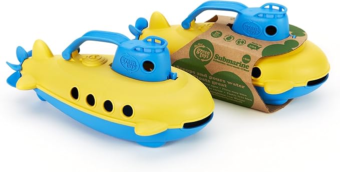 Green Toys Submarine, Blue/Yellow - Pretend Play, Motor Skills, Kids Bath Toy Floating Pouring Boat. No BPA, phthalates, PVC. Dishwasher Safe, Recycled Plastic.
