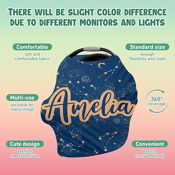 Personalised Car Seat Cover for Girls and Boys - 7 in 1 Multipurpose Breast Feeding Cover, Nursing Cover, Peacock Blue Star Grocery Cart Cover - Birthday Gift for Babies