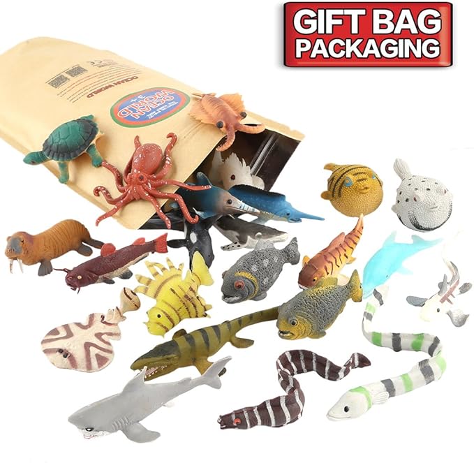 18 Pack Assorted Ocean Animal, Stretchy and Floating Rubber sea Animals Toy Set, Mini Realistic Under The Sea Life Figure for Toddler Bath Bathtub, Shark Octopus Fish Toys Bulk for Kid Party
