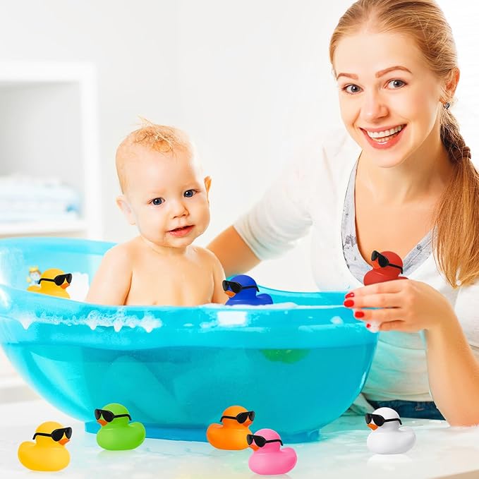 24 Set Mini Rubber Ducks with Sunglasses, Tiny Bath Rubber Ducks Bulk for Car Dashboard Decorations Cruise Birthday Party Favors (Multicolor)