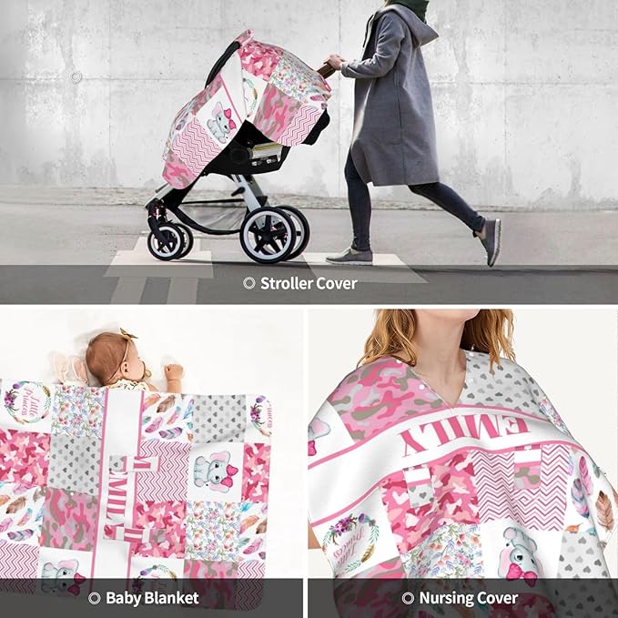 Personalized Baby Car Seat Canopy for Babies with Name, Custom Floral Elephant Pink Car Seat Covers for Girls, Opening Minky Nursing Breastfeeding Stroller Cover Carseat Canopies for Infant Newborn