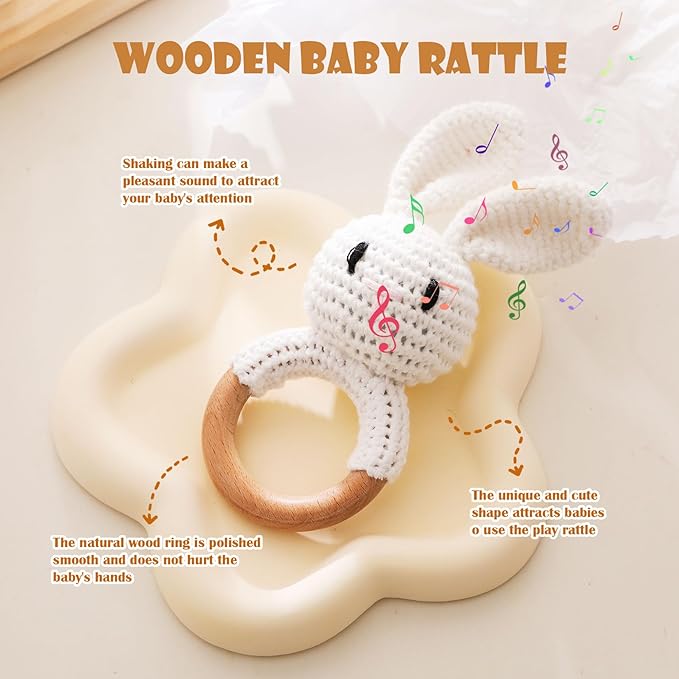 Wooden Baby Rattle，Crochet Bunny Rattle with Wood Ring, Newborn Wooden Animal Rattle Toy，Infant White Bunny Wood Rattle Toys