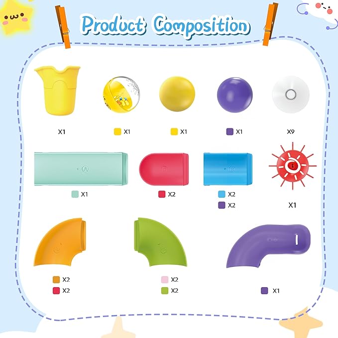 taseyok Toddler Bath Toys, Bathtub Toys Ball Slide Track, DIY Shower Toys with Suction Cups, Christmas Birthday Bath Fun Time Gifts Toys for Girls and Boys Age 2 3 4 5 6