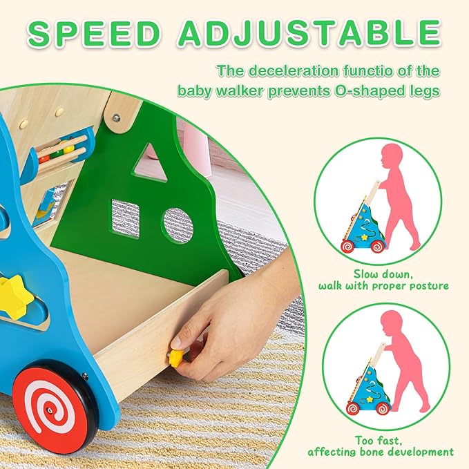 HUZU Wooden Baby Walker with Wheels, Montessori Push and Pull Activity Center for Toddlers, Adjustable Height & Speed, Learning Toy for 6-12 Months 1-3 Years Old Boys and Girls (Rainbow)