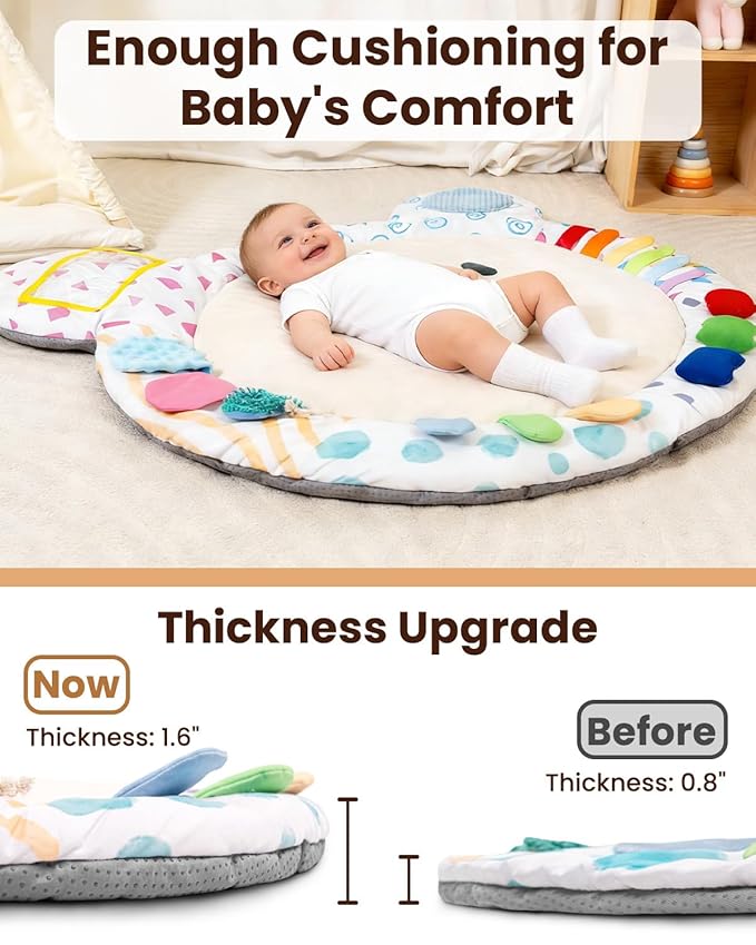 Baby Play Gym, Thickened and Non Slip Activity Mat, 5 Developmental Zones Tummy Time Mat with 5 Detachable Sensory Toys for Motor Skills, Baby Essentials Shower Gift Box(Bear)
