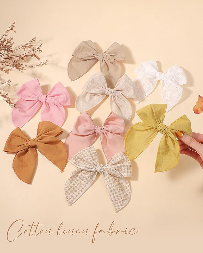 doboi 8PCS Baby Girls Hair Clips Fable Hair Bows Cotton Linen Bows for Girls Hair Accessories for Baby Girl Toddlers Kids-Yellow
