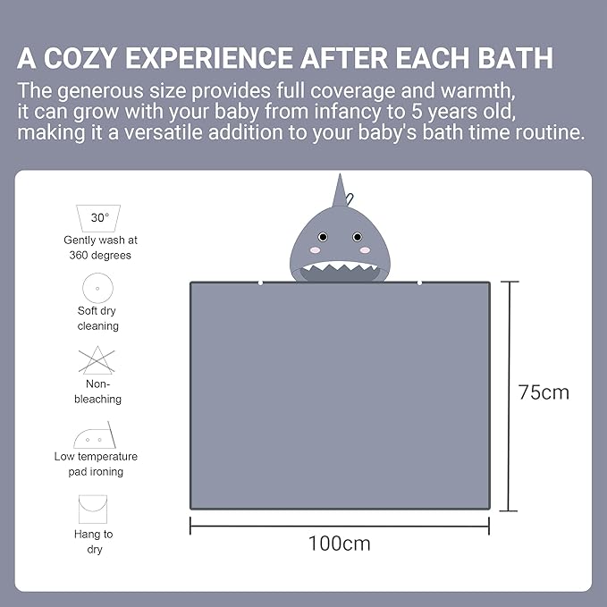MICHLEY Bamboo Viscose Baby Hooded Bath Towel for 0-5 Years Boys and Girls, 29.5 x 39.5 Inch Ultra-Soft and Quick-drying Infant Bath(Shark)