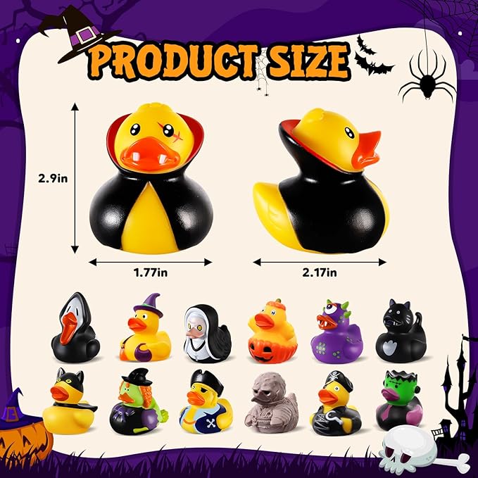 24 PCS Halloween Rubber Ducks with Bag, Bulk Halloween Ducks Toys for Jeeps Ducking Party Favors Goodie Bag Stuffers, Horror Ducks for Halloween Treats Non Candy Prizes Bath Toys Gifts for Kids