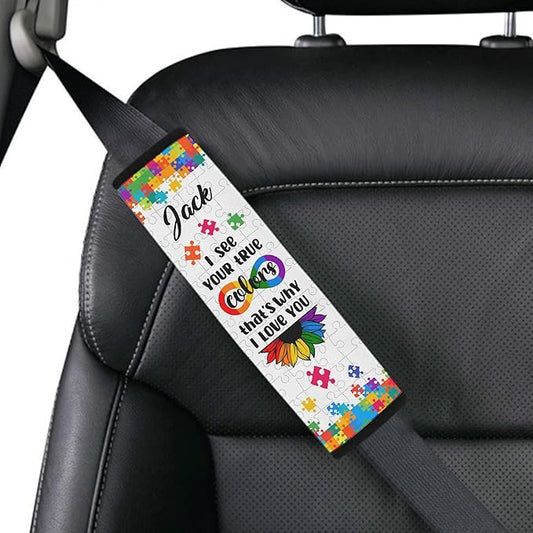 I See Your True Color Autism Awareness Seat Belt Cover for Kid Family Special Need Autistic Medical Alert Car Cushion Cover Support Autism Gift Personalized Name 33