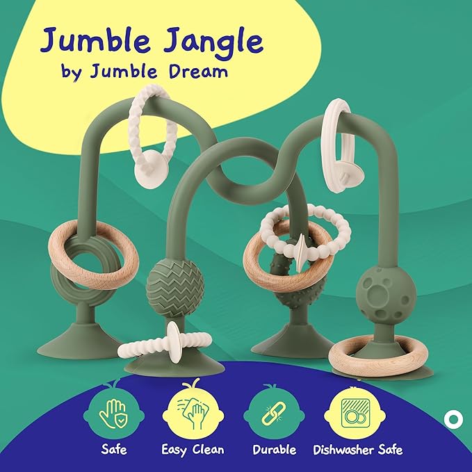 Jumble Jangle Baby Teething Toys – BPA-Free, Multi Purpose High Chair Toys & Sensory Toys for Kids with Autism: Suction Teething Relief with Sensory Toy Textures for Infants & Toddlers (Green)