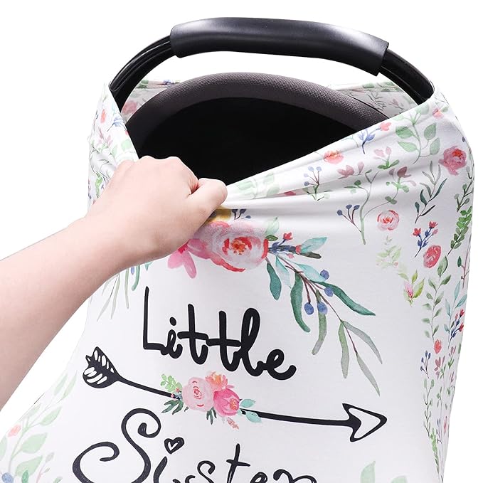 Baby Car Seat Covers Girls, Little Sister Car Seat Canopy for Infant, Multiuse Nursing Covers, Floral Theme Newborn Carrier Cover Summer, Breastfeeding Scarf, Ultra-Soft Breathable