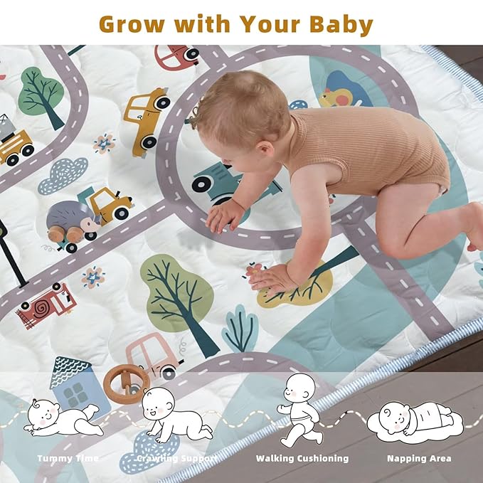 Baby Play Mats for Floor, 50X50 Playpen Mat, Car Playmat Non-Slip Cushioned Crawling Mat Thick Soft Playmats for Babies Toddlers Infants Activity & Tummy Time, Machine Washable (Car,50x50)