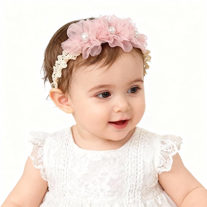 Handmade Baby Girl Headbands in Beige and Pink Lace Flowers for Newborns and Toddlers Cute Baby Girl Flowers and Newborn Headbands (Pink Lace Pearl Flowers, One Size)