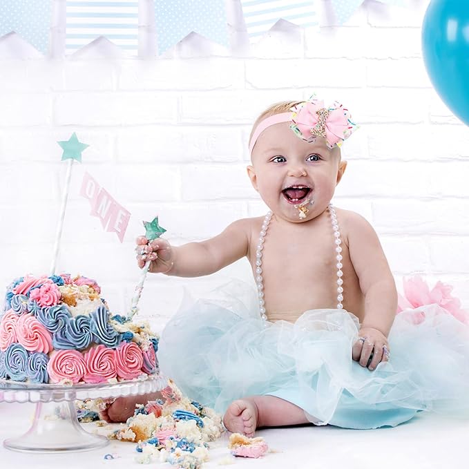 2Pcs Birthday Hair Bow for Baby Girls 1 Years Decorations Pink Sprinkle Ice Cream Confetti Hair Accessories for Baby Girls 1st Birthday Party Decorations