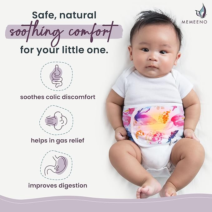 MEMEENO Belly Band for Baby Gas and Colic Relief - Heating Pad for Colic, Heated Tummy Wrap for Newborn infants, Aquarelle
