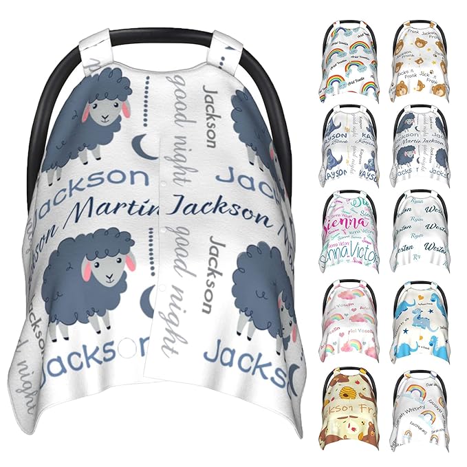 Personalized Baby Car Seat Cover Canopy with Name for Girls Boys Custom Sheep Baby Carrier Covers