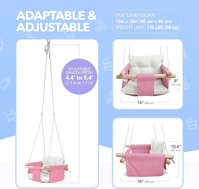 CaTeam - Canvas Baby Swing, Wooden Hanging Swing Seat Chair with Safety Belt, Durable Baby Swing Chair, Outdoor and Indoor Swing for Kids, Mounting Hardware Included, Pink