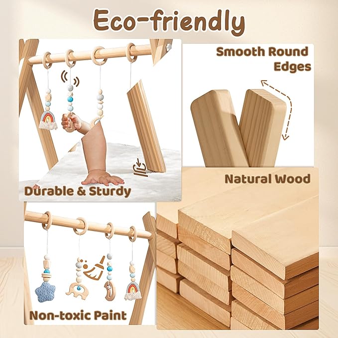 Wooden Baby Play Gym with Activity Mat, Foldable Baby Gym Frame with Hanging Sensory Toys for Newborn, Tummy Time Playground