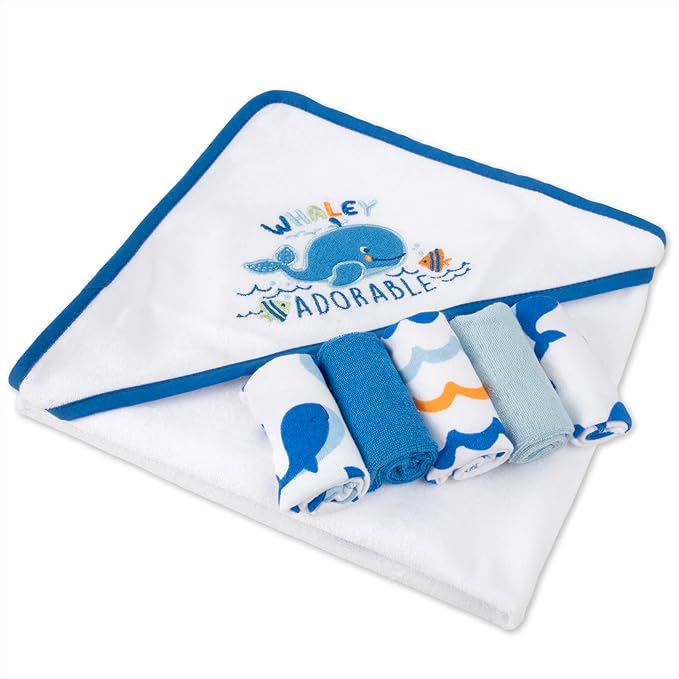 Baby Hooded Bath Towel and Washcloth Set for Infant Boys 6-12 Months (Whaley Adorable Whale)
