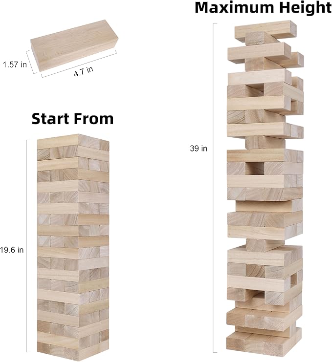 GOTHINK Giant Tumble Tower Game, Large Tumbling Tower Stacking to Over 3.2 FT 60pcs Wooden Jumbo Blocks for Outside Yard Games w/Carry Case Timber Stacking Game Night Toy Gift for Kids Adults Family