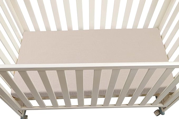 Onacosht Muslin Mini Crib Sheets, 39" x 27" Pack and Play Mattress Sheets Fitted for Pack N Play, Soft Cotton for Boys Girls, 2 Pack, Beige and Fog