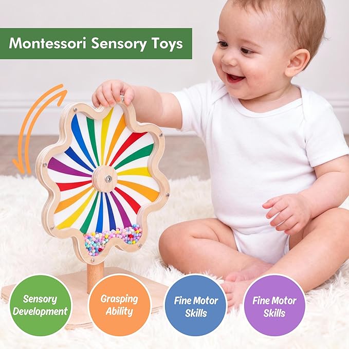 Spinning Activity Drum Toy with Sound, Montessori Wooden Sensory Toy for Babies, Perfect Birthday & Party Gift for 6-18 Months+
