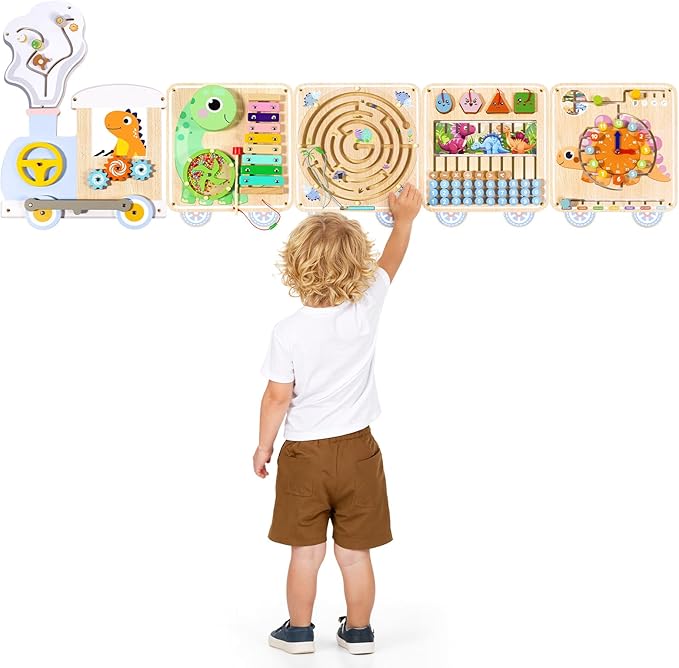 Train Activity Wall Busy Board,Wooden Montessori Sensory Toys,15-in-1 Sensory Wall Panel for Playroom,Preschool,Daycare,Nursery,Classroom, Educational Toys for Toddler