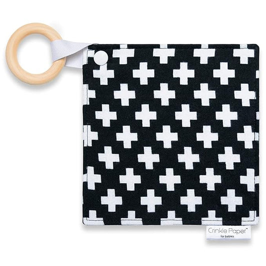 Baby Crinkle Paper Toy – Eco-Friendly Cotton Sensory Teether with Beech Wood Ring – BPA-Free, Montessori Infant Toy