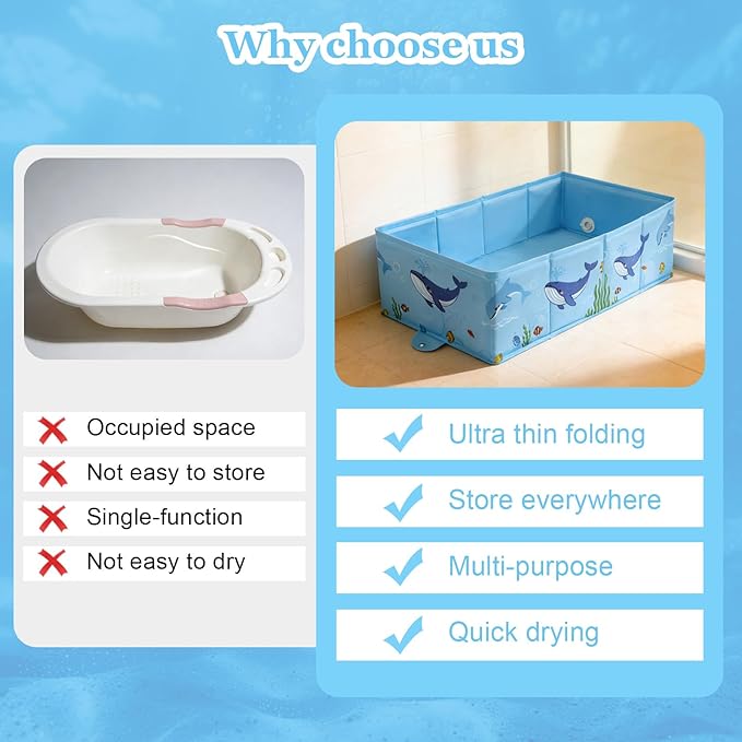 AirSwim Collapsible Baby Bathtub, Foldable Bathtub with a Drain Plug for 6M-4Y Infant Toddler, Space Saving Portable Baby Bath Tub for Travel, Quick Drain and Easy to Clean, No Assembly Required, Blue