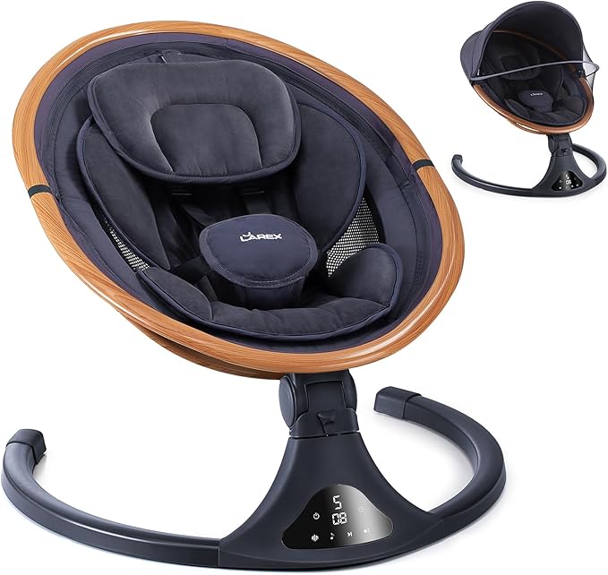 LAREX Baby Swing to Toddler Electric Infant Swing Portable for Newborn Boy Girl, 5 Sway Speeds with Remote Control, 12 Preset Melodies and Bluetooth, 0-6 Months Max 20 Lbs(Dark Wood Grain)