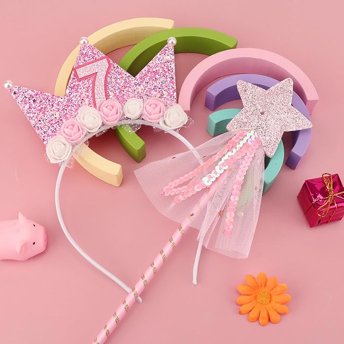 BQUBO 7th Birthday Decorations for Girls Little Girls Birthday Headband & Fairy Wands Star Glitter Princess Wand Set for 7 Year Old Girl Gift Birthdays Decorations Princess Dress Up Party Favors