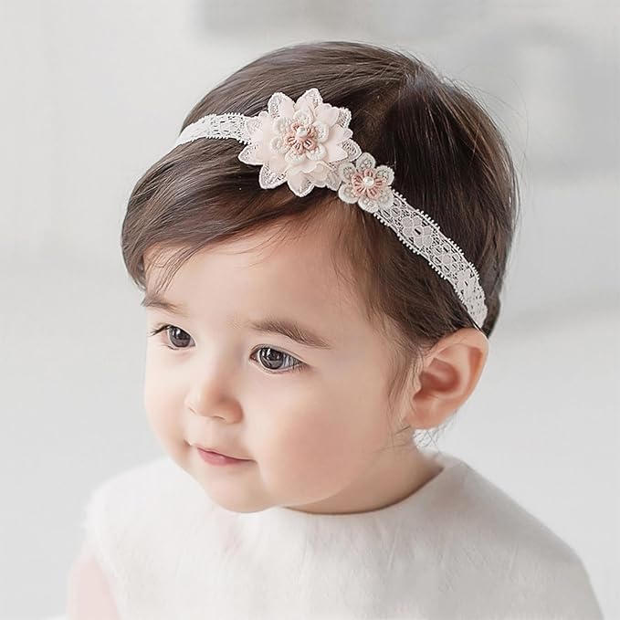 Baby Girls Hairbands Lace Flowers Headband Handmade Soft Stretchy Colorful Flower Hairband Newborn Headbands with Pearls Elastic Hairbands for Infant Head Band (Two Pink Flowers)