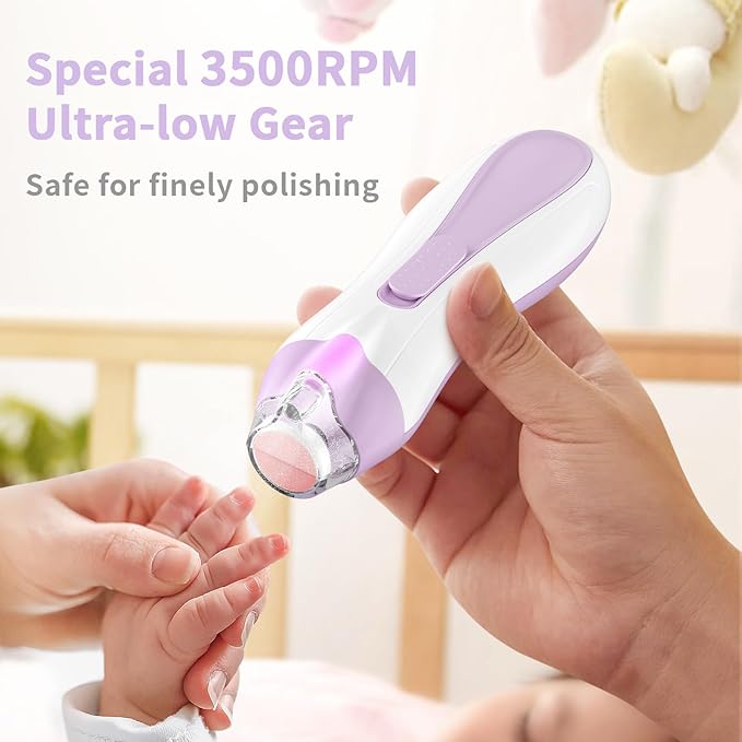 Baby Nail File Electric Baby Nail Care Set with LED Light, Baby Nail Clipper Electric for Newborn/Infants/Adults Toenails and Fingernails, 7 Grinding Head Replacement Pads, Purple