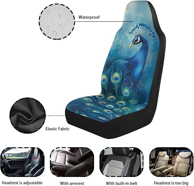 Fashion Peacock Car Seat Covers Set of 2 Waterproof Universal Vehicle Front Seats Interior Protector Easy to Install Interior Protection Suitable Fits Most Car Auto SUV Sedan Truck