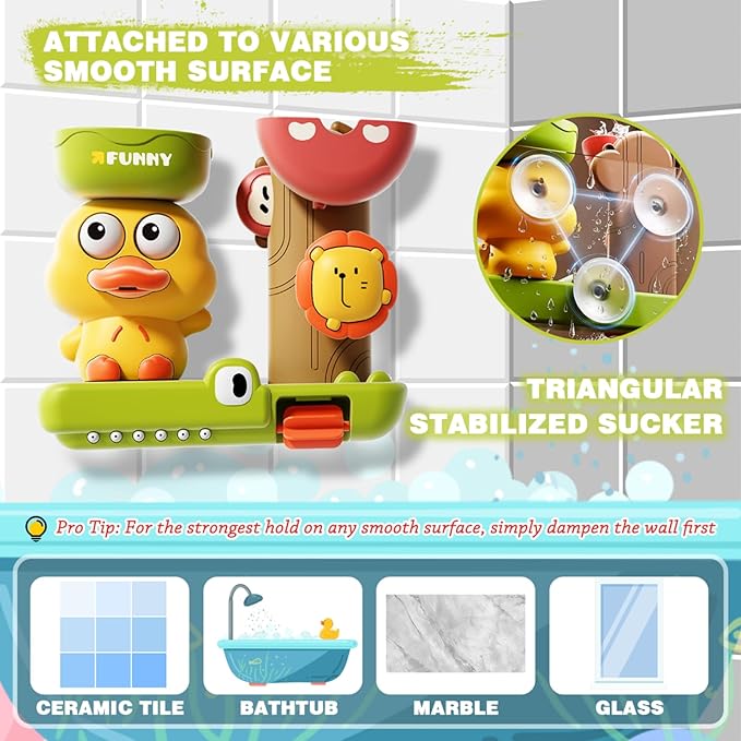 Bath Toys for Toddlers 1-3 with 3 Strong Suction Cups, Interactive Squirting Duck & Spinning Lion Water Toys for Bathtub Fun, Ideal Christmas Shower Gift for Boys & Girls 18M+